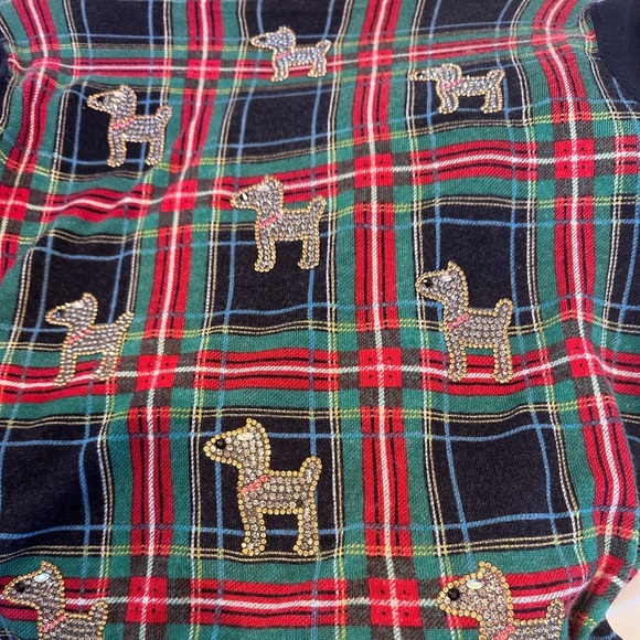 Talbots Sweater Size M Merino Wool Christmas Plaid Rhinestone Dog Womens - Picture 3 of 6